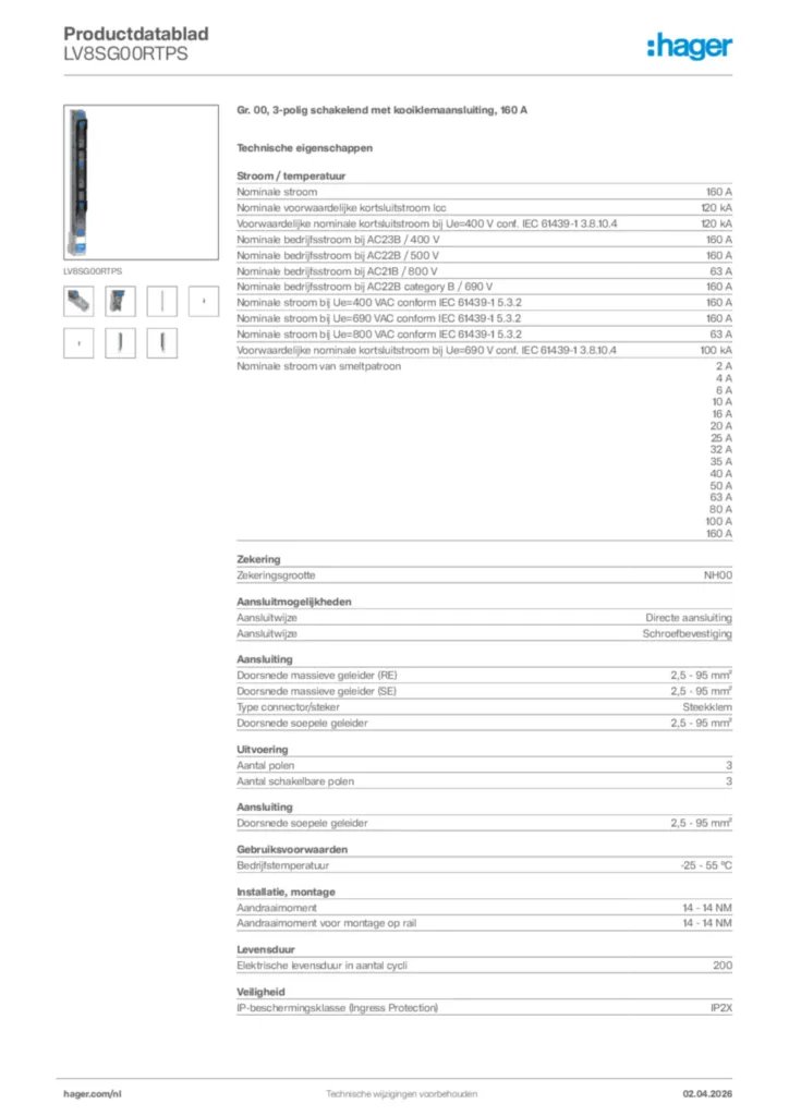 Afbeelding Hager Productdatablad LV8SG00RTPS | Hager Nederland