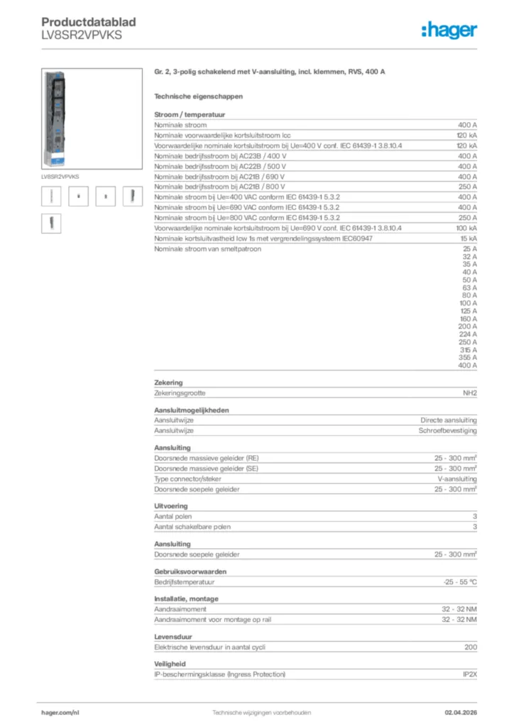 Afbeelding Hager Productdatablad LV8SR2VPVKS | Hager Nederland