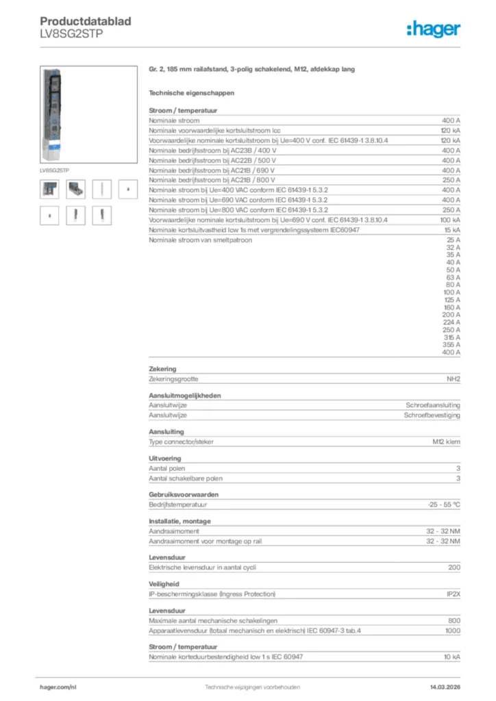 Afbeelding Hager Productdatablad LV8SG2STP | Hager Nederland