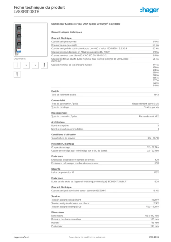 Image Hager Fiche technique du produit LV8SR910STE | Hager Suisse