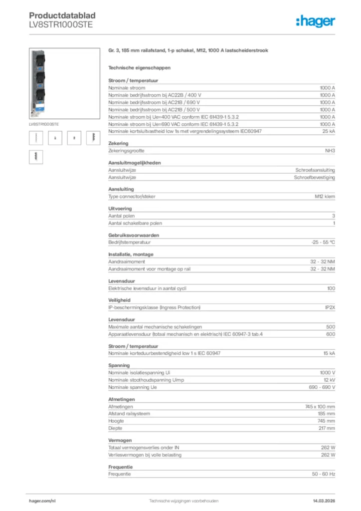 Afbeelding Hager Productdatablad LV8STR1000STE | Hager Nederland