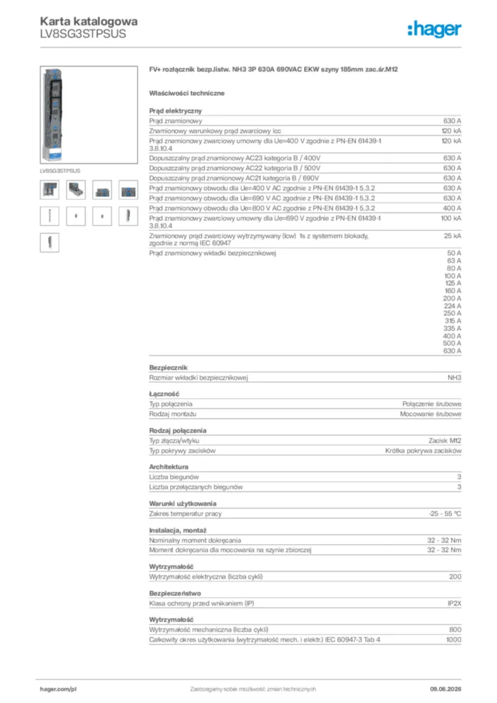 Zdjęcie Hager Karta katalogowa LV8SG3STPSUS | Hager Polska