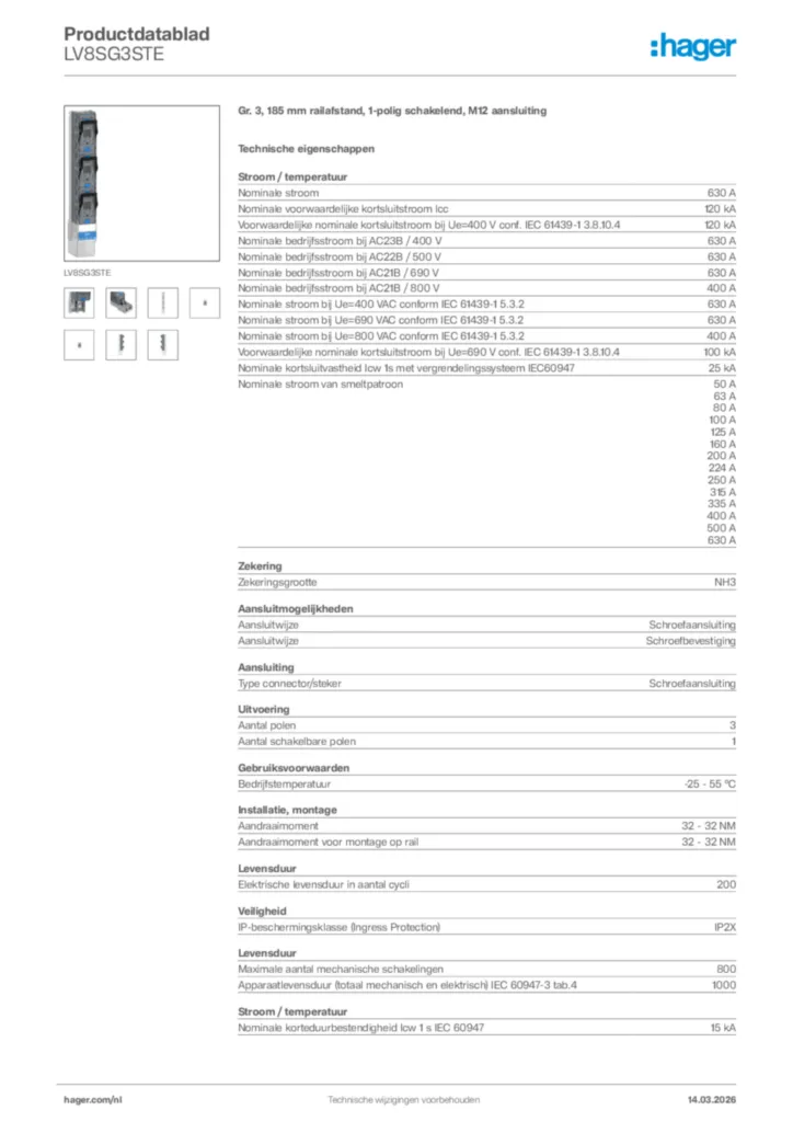 Afbeelding Hager Productdatablad LV8SG3STE | Hager Nederland