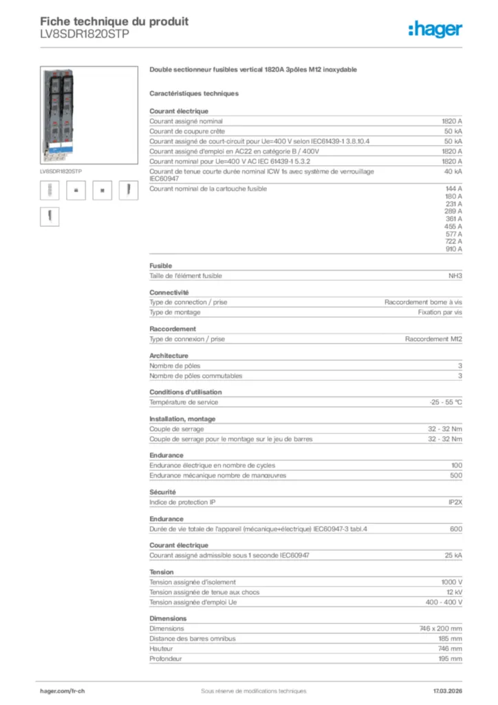 Image Hager Fiche technique du produit LV8SDR1820STP | Hager Suisse