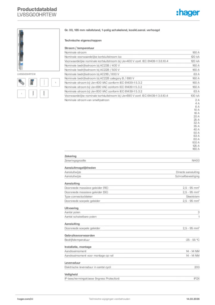 Afbeelding Hager Productdatablad LV8SG00HRTEW | Hager Nederland