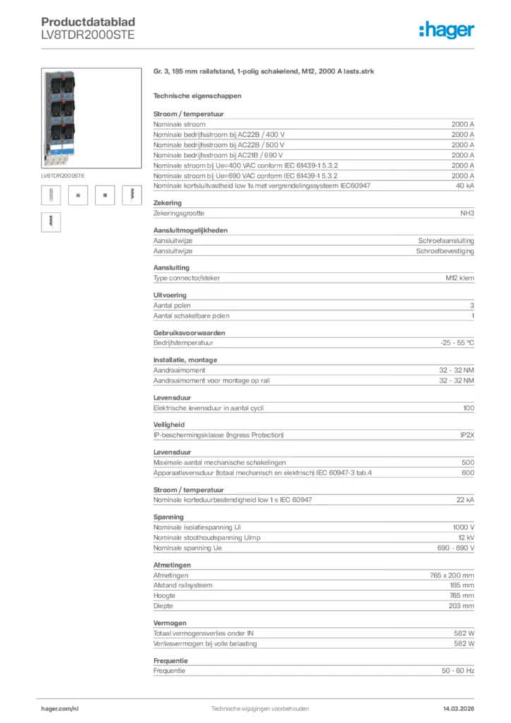 Afbeelding Hager Productdatablad LV8TDR2000STE | Hager Nederland