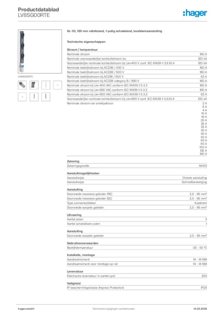 Afbeelding Hager Productdatablad LV8SG00RTE | Hager Nederland