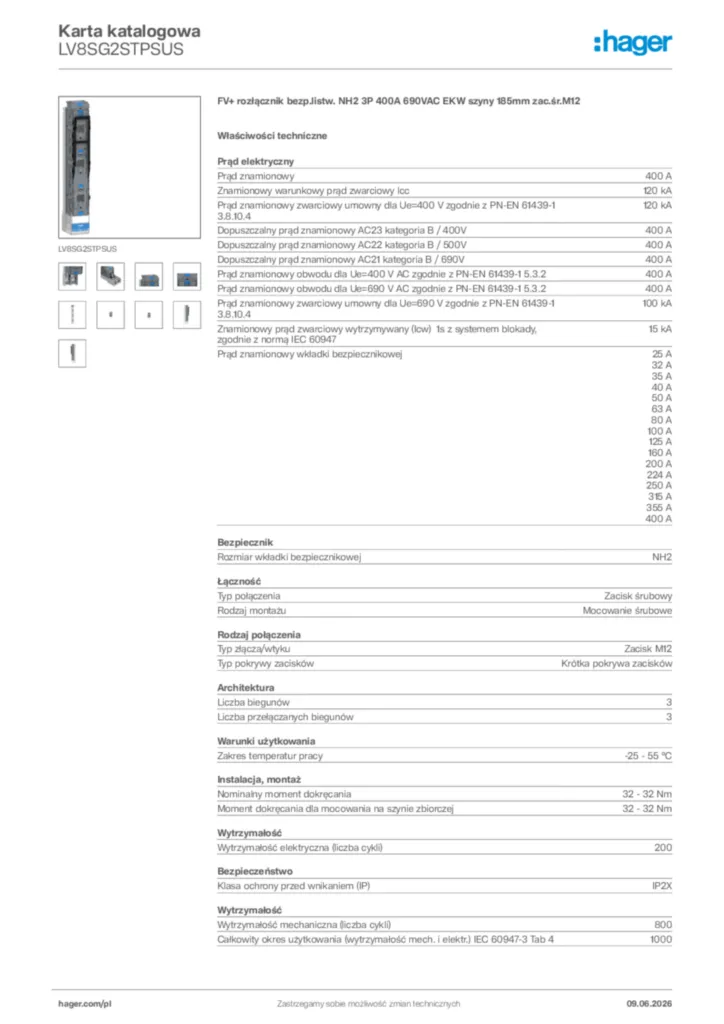 Zdjęcie Hager Karta katalogowa LV8SG2STPSUS | Hager Polska