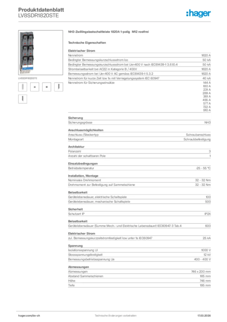 Bild Hager Produktdatenblatt LV8SDR1820STE | Hager Schweiz