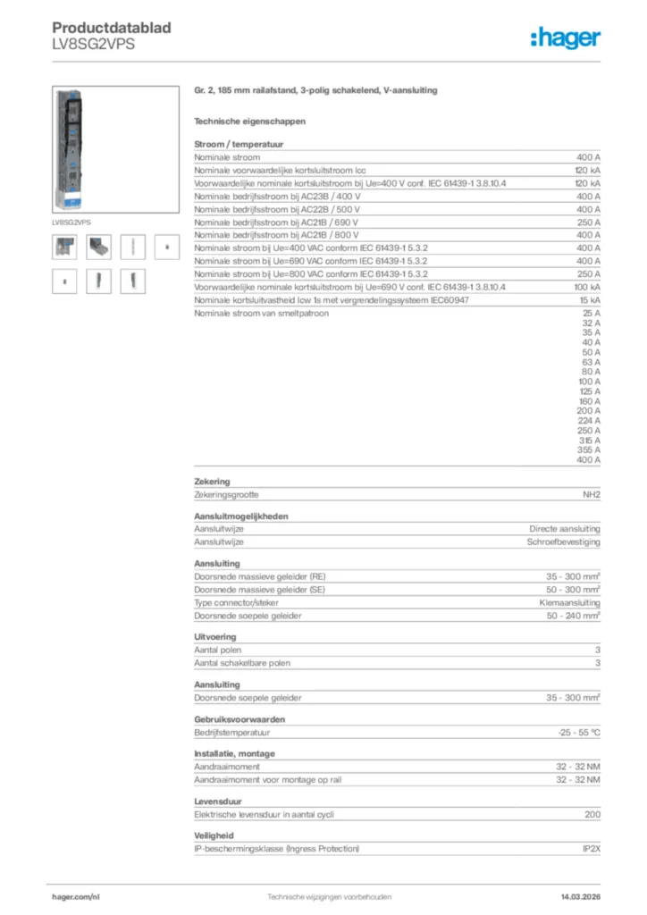 Afbeelding Hager Productdatablad LV8SG2VPS | Hager Nederland