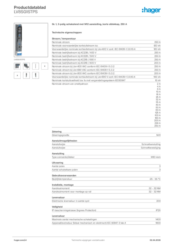 Afbeelding Hager Productdatablad LV8SG1STPS | Hager Nederland