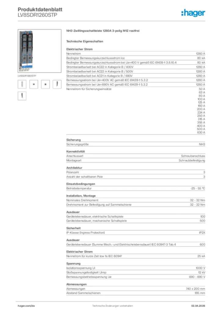 Bild Hager Produktdatenblatt LV8SDR1260STP | Hager Deutschland