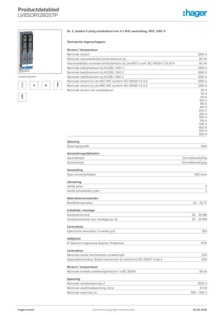 Afbeelding Hager Productdatablad LV8SDR1260STP | Hager Nederland
