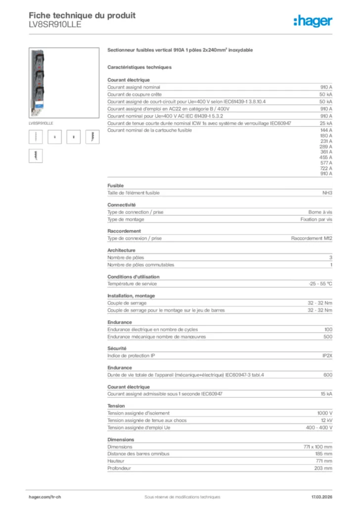 Image Hager Fiche technique du produit LV8SR910LLE | Hager Suisse
