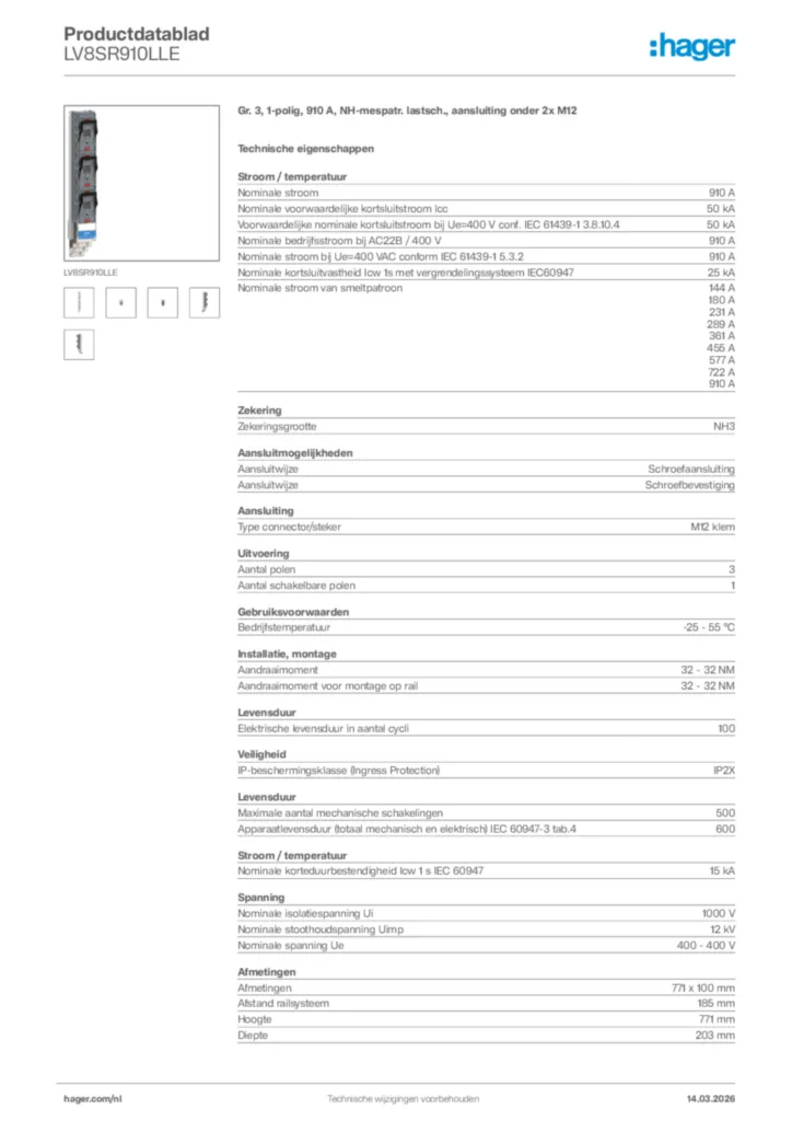 Afbeelding Hager Productdatablad LV8SR910LLE | Hager Nederland