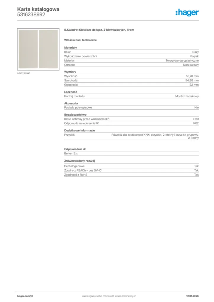 Zdjęcie Hager Karta katalogowa 5316238992 | Hager Polska