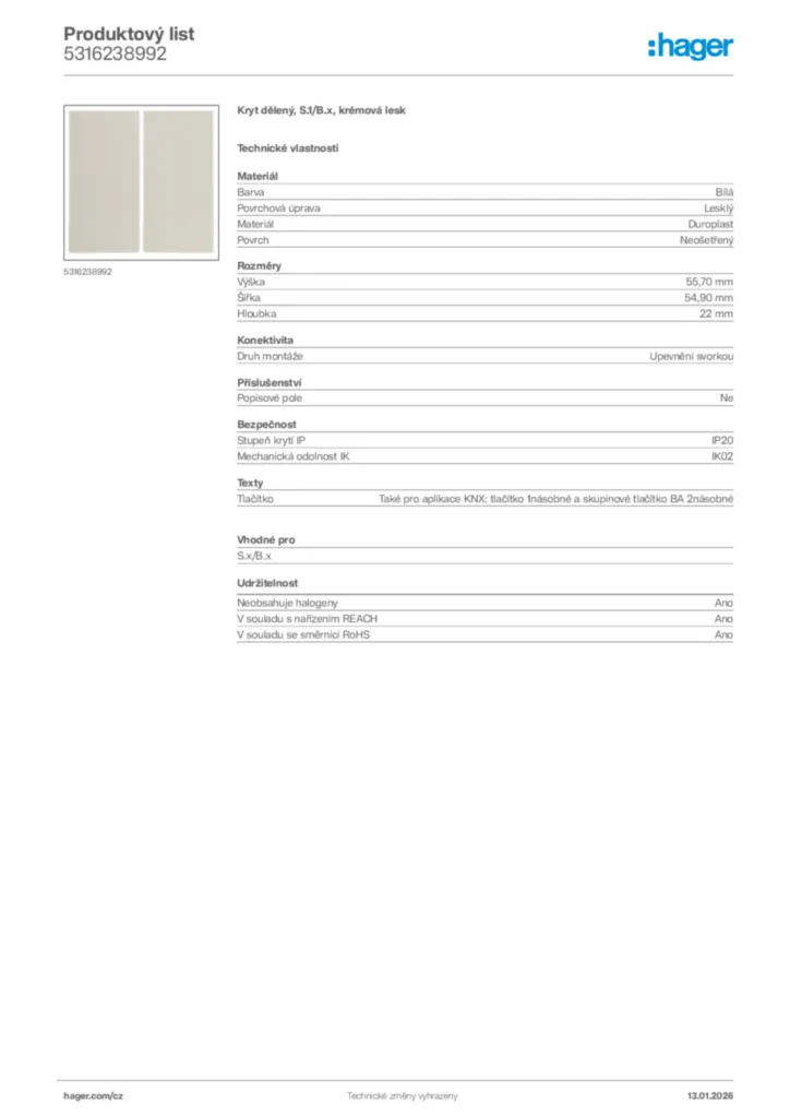 Obrázek Hager Product data sheet 5316238992 | Hager