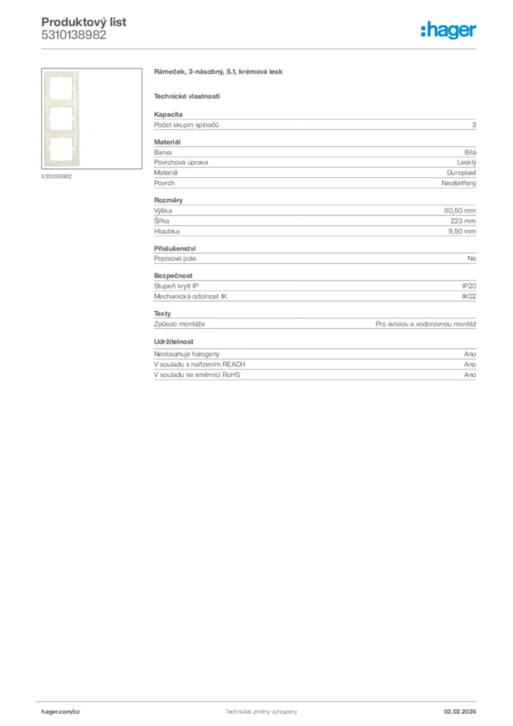 Obrázek Hager Product data sheet 5310138982 | Hager