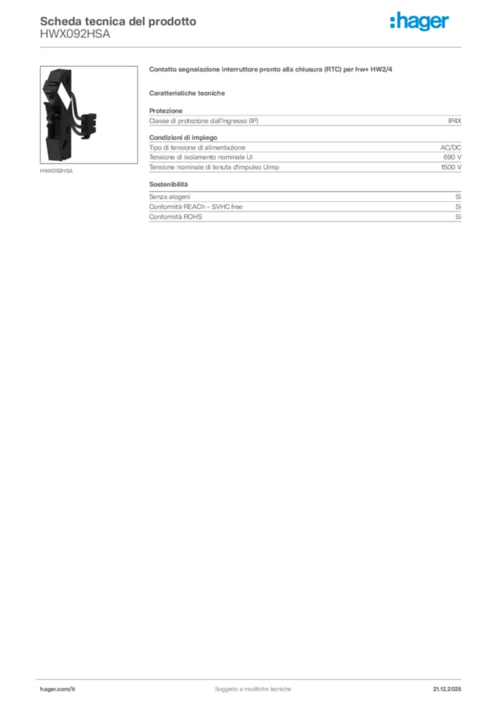 Immagine Hager Scheda tecnica del prodotto HWX092HSA | Hager Italia