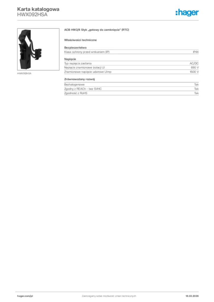 Zdjęcie Hager Karta katalogowa HWX092HSA | Hager Polska