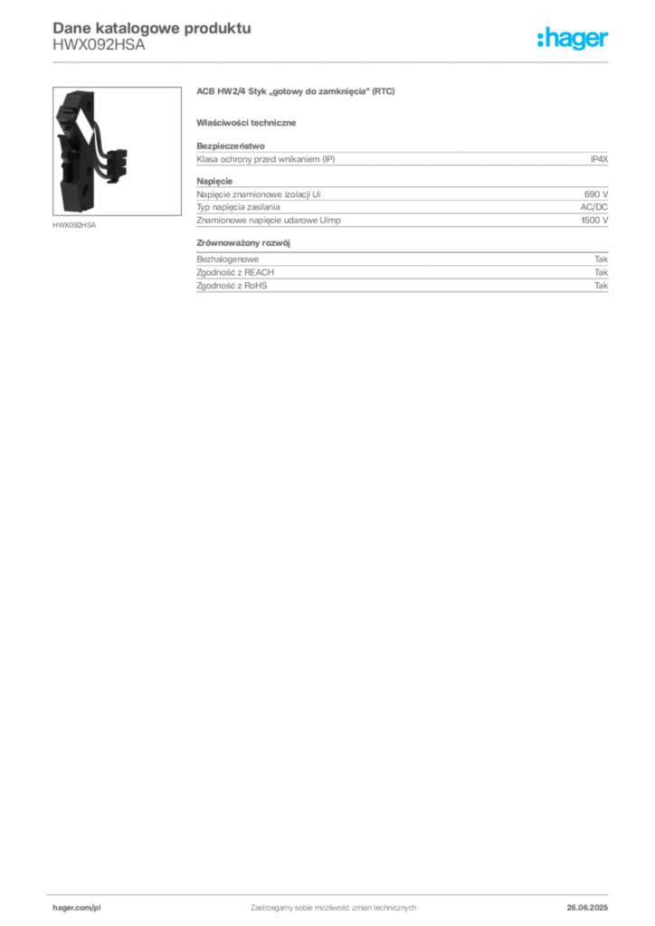 Zdjęcie Hager Dane katalogowe produktu HWX092HSA | Hager Polska