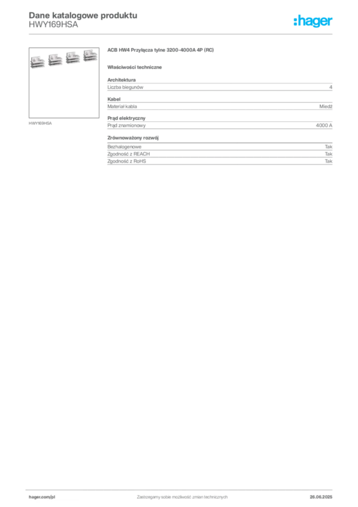 Zdjęcie Hager Dane katalogowe produktu HWY169HSA | Hager Polska