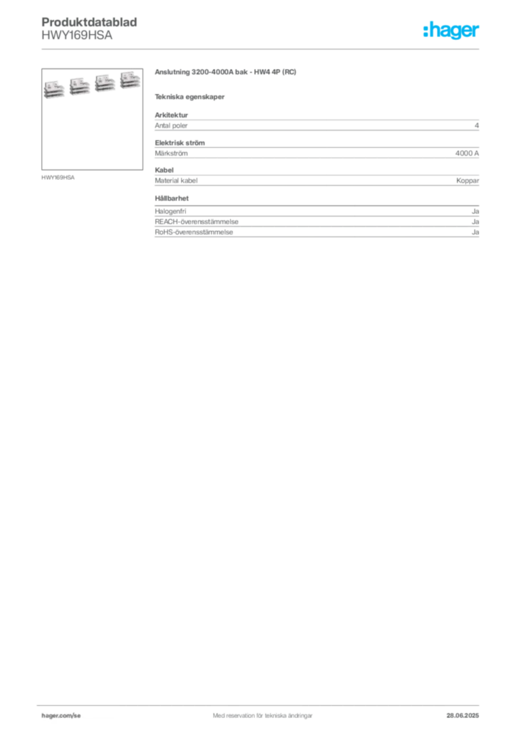 Bild Hager Produktdatablad HWY169HSA | Hager Sverige