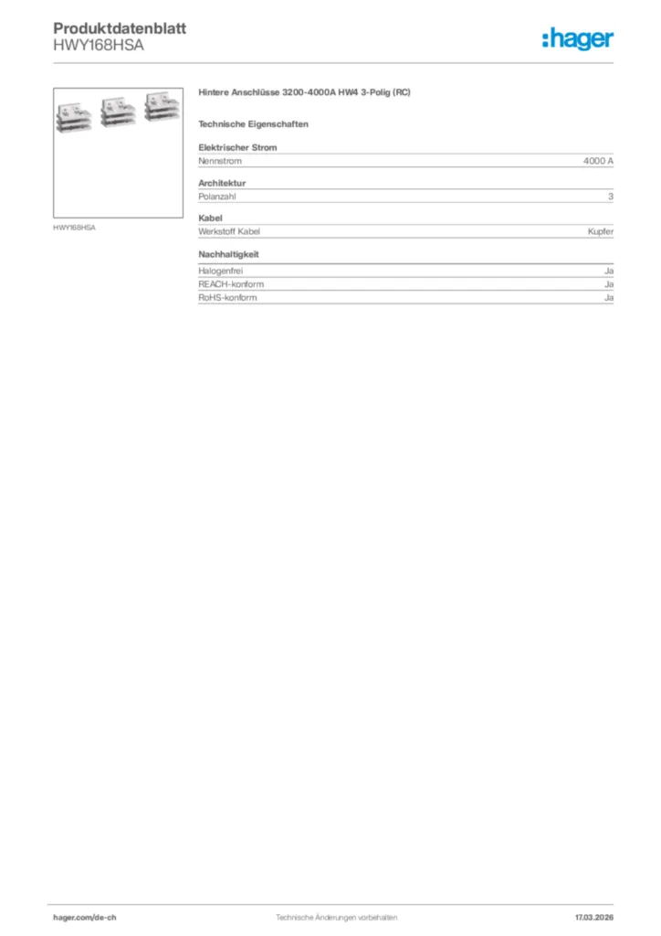 Bild Hager Produktdatenblatt HWY168HSA | Hager Schweiz