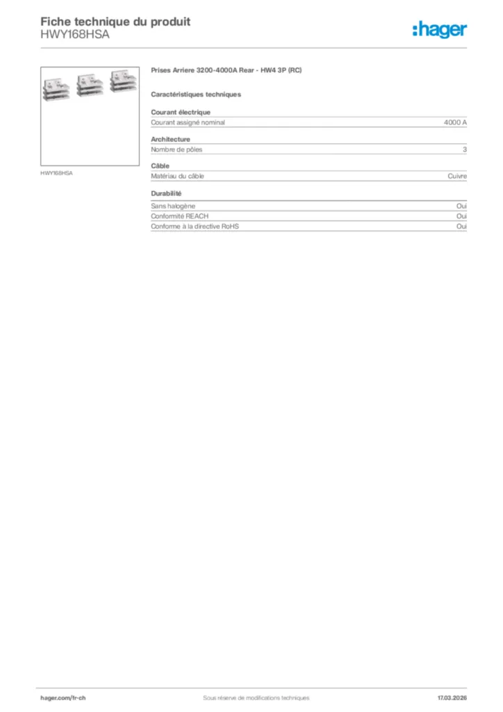 Image Hager Fiche technique du produit HWY168HSA | Hager Suisse