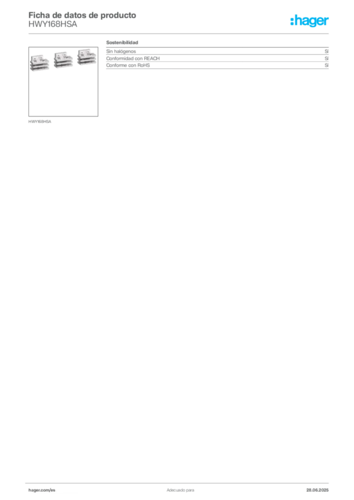 Imagen Hager Ficha de datos de producto HWY168HSA | Hager España