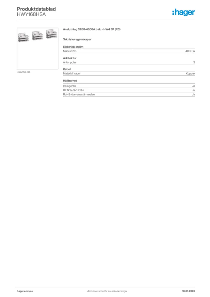 Bild Hager Produktdatablad HWY168HSA | Hager Sverige