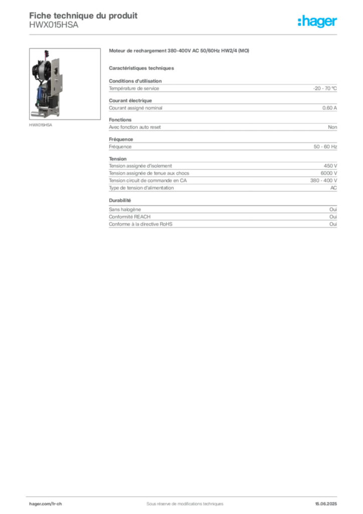 Image Hager Fiche technique du produit HWX015HSA | Hager Suisse