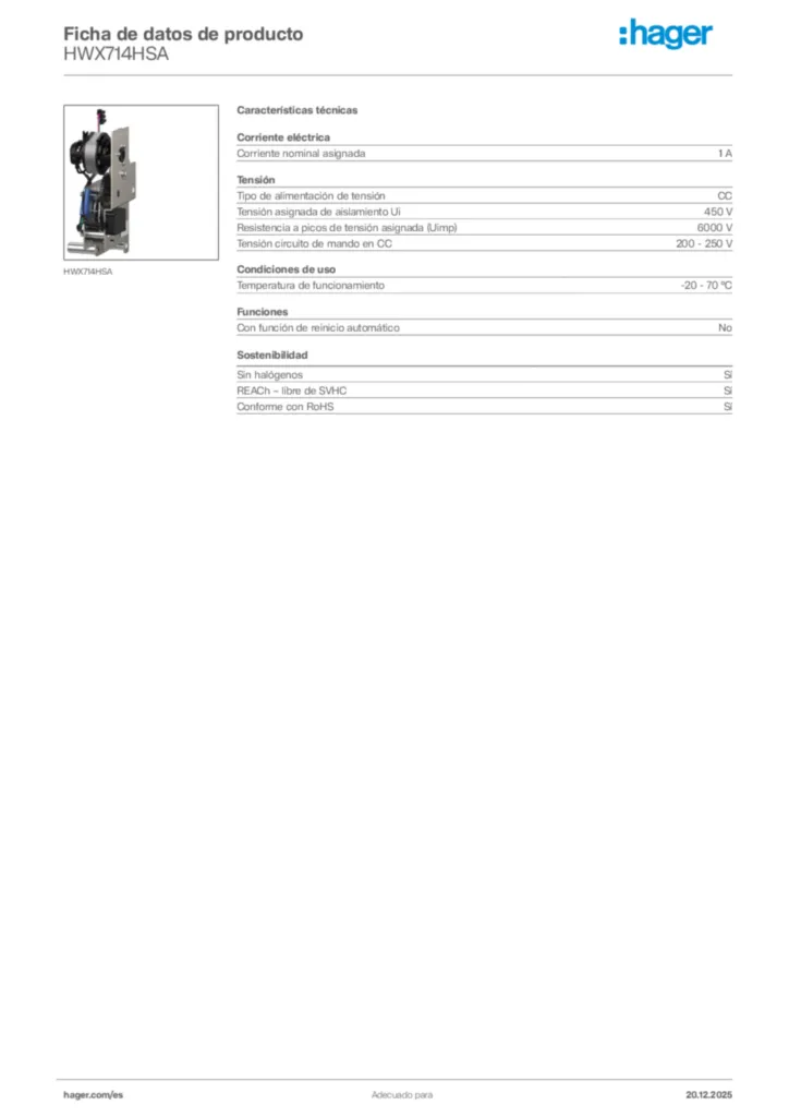 Imagen Hager Ficha de datos de producto HWX714HSA | Hager España
