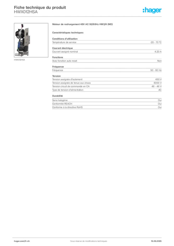 Image Hager Fiche technique du produit HWX012HSA | Hager Suisse