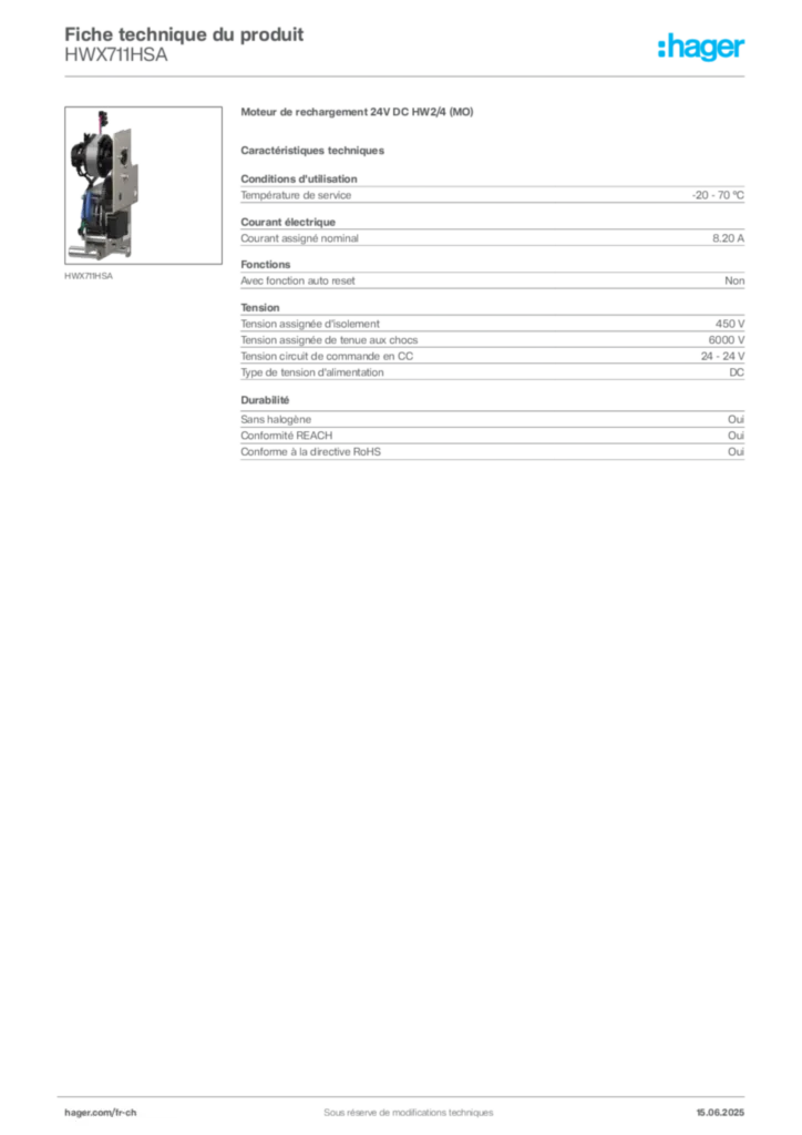 Image Hager Fiche technique du produit HWX711HSA | Hager Suisse