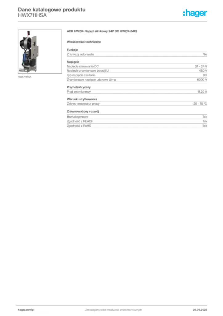 Zdjęcie Hager Dane katalogowe produktu HWX711HSA | Hager Polska