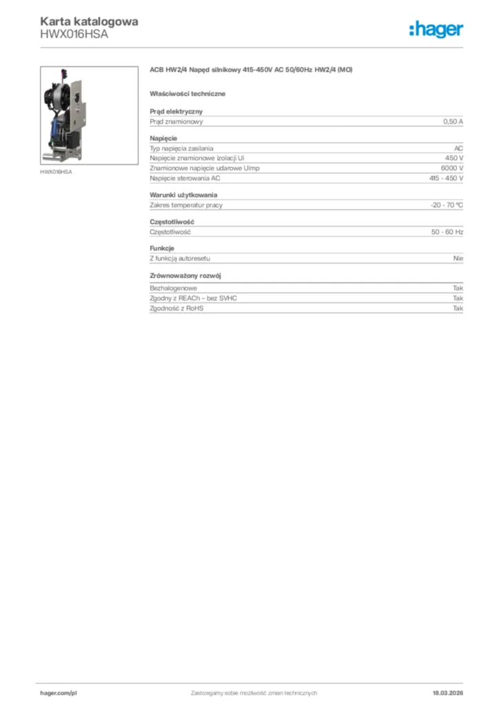 Zdjęcie Hager Karta katalogowa HWX016HSA | Hager Polska