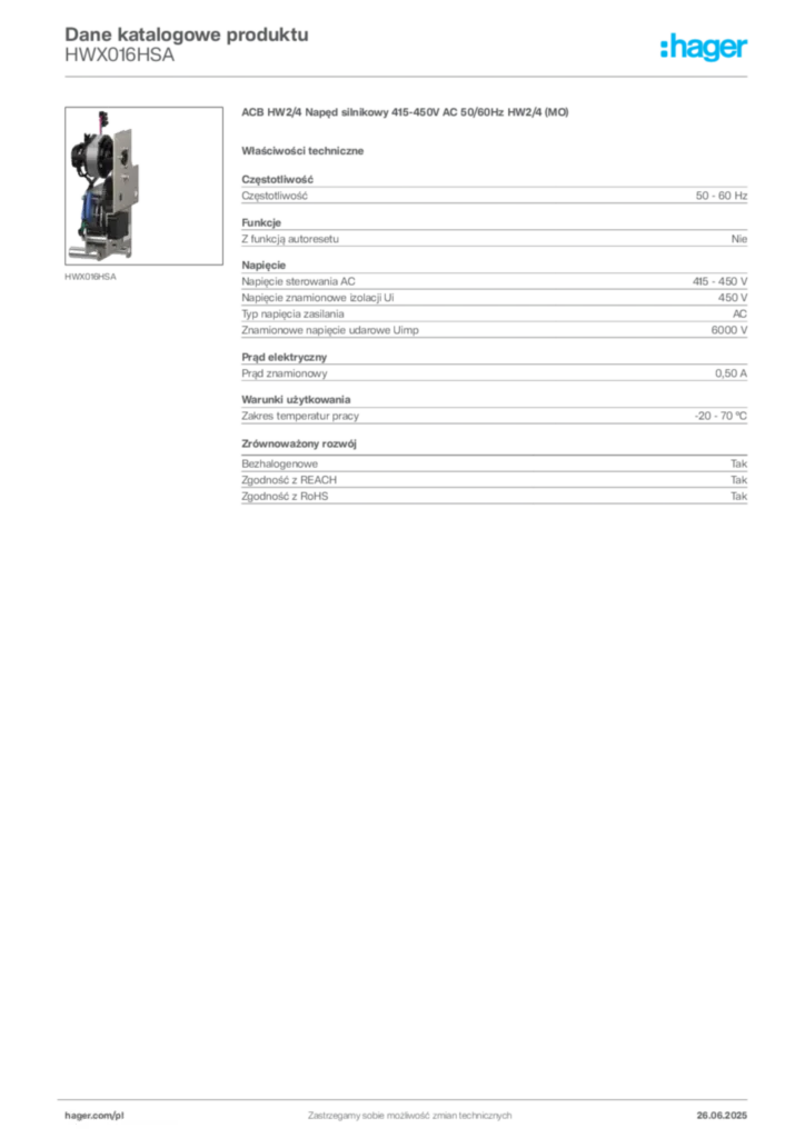 Zdjęcie Hager Dane katalogowe produktu HWX016HSA | Hager Polska