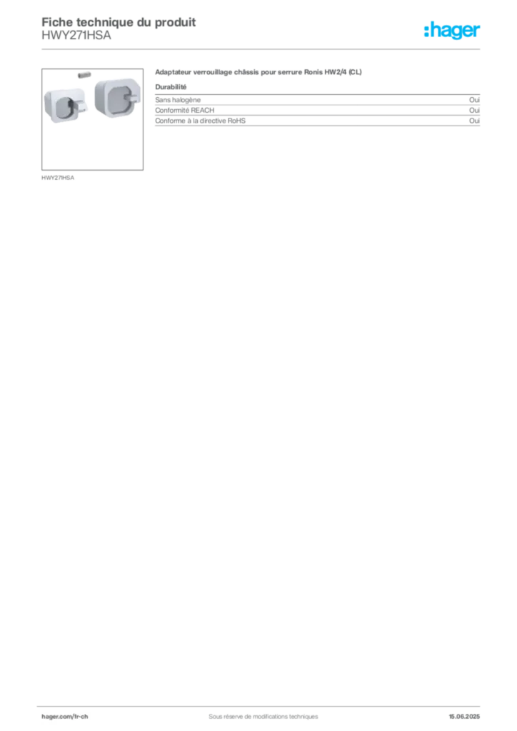 Image Hager Fiche technique du produit HWY271HSA | Hager Suisse