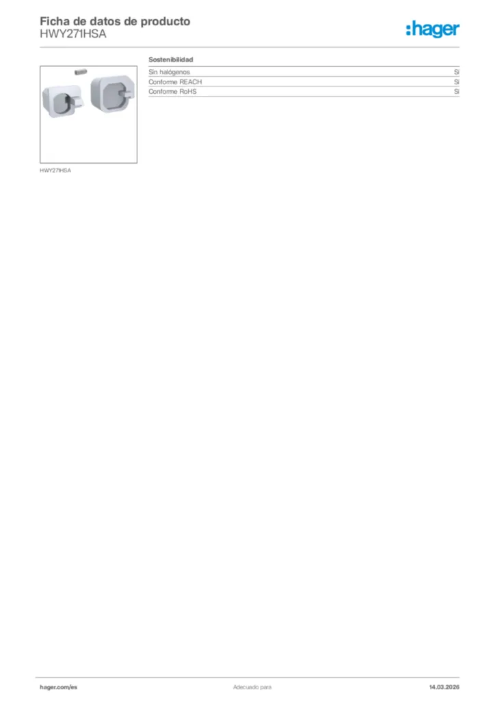 Imagen Hager Ficha de datos de producto HWY271HSA | Hager España