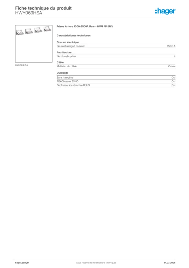 Image Hager Fiche technique du produit HWY069HSA | Hager France