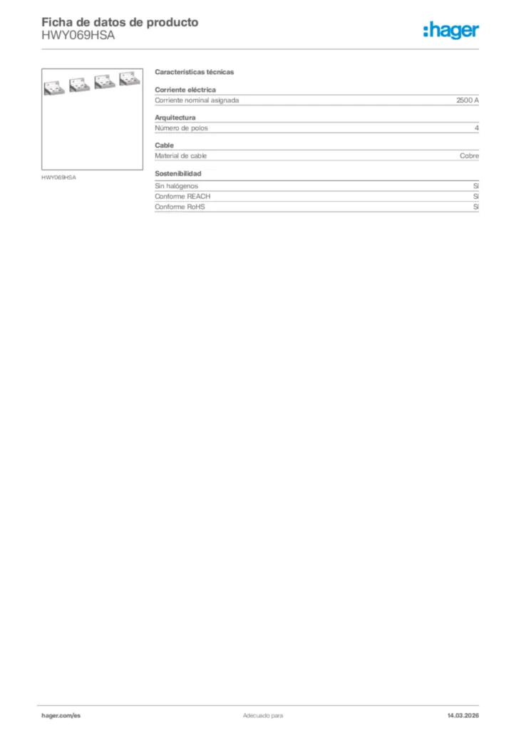 Imagen Hager Ficha de datos de producto HWY069HSA | Hager España