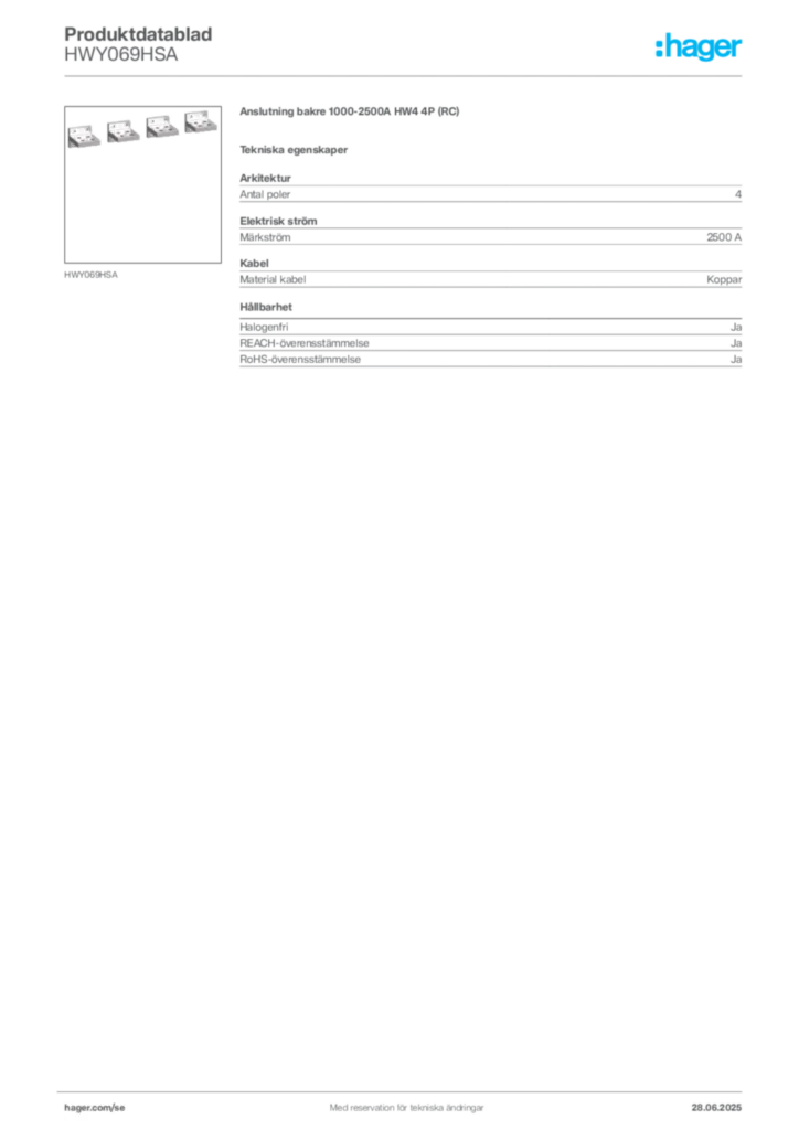 Bild Hager Produktdatablad HWY069HSA | Hager Sverige