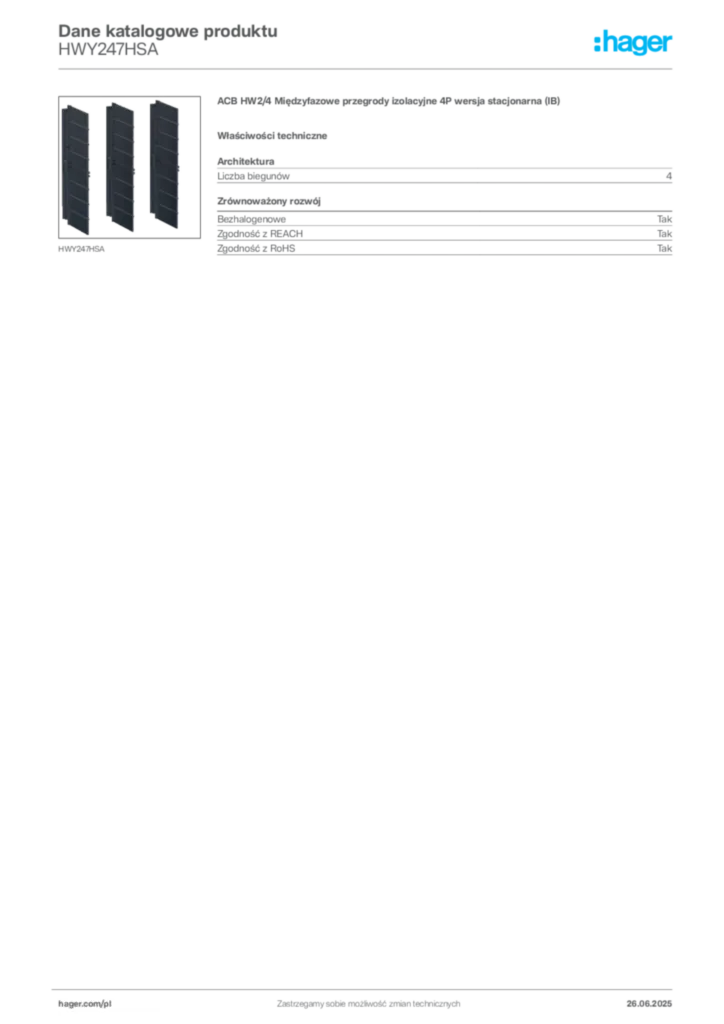 Zdjęcie Hager Dane katalogowe produktu HWY247HSA | Hager Polska