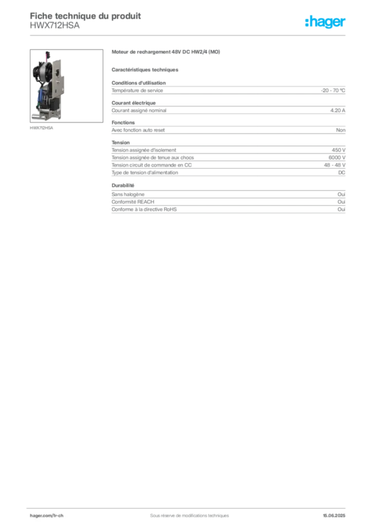 Image Hager Fiche technique du produit HWX712HSA | Hager Suisse