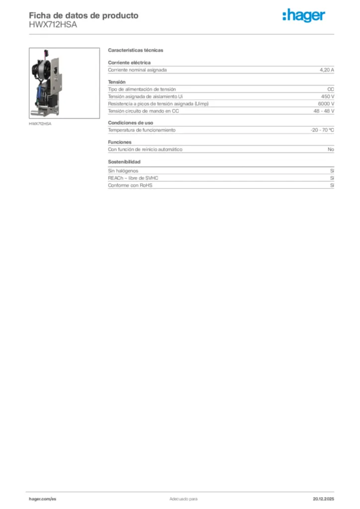 Imagen Hager Ficha de datos de producto HWX712HSA | Hager España