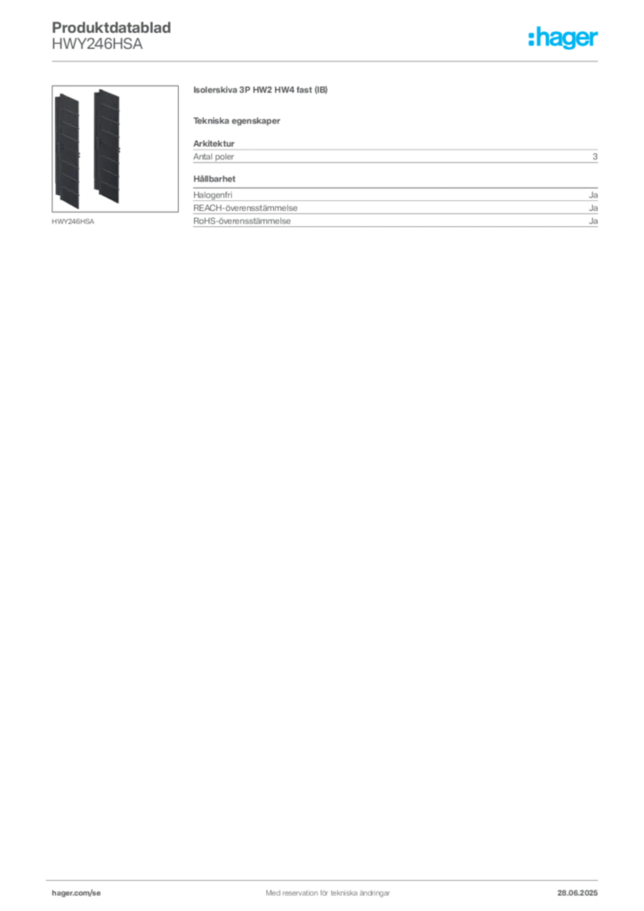Bild Hager Produktdatablad HWY246HSA | Hager Sverige