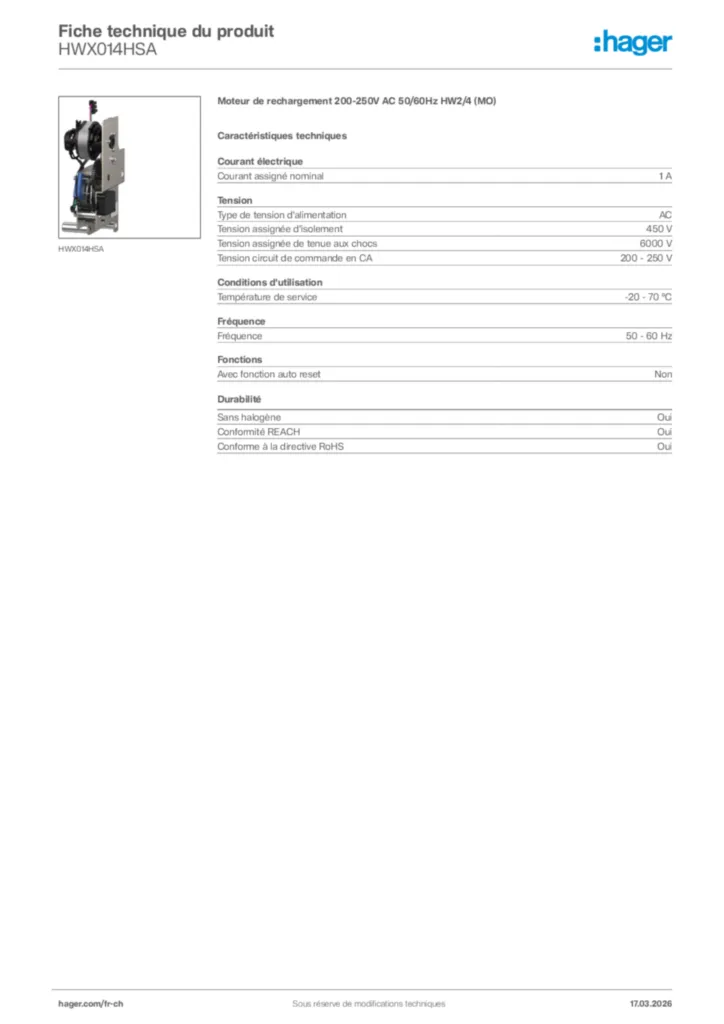 Image Hager Fiche technique du produit HWX014HSA | Hager Suisse