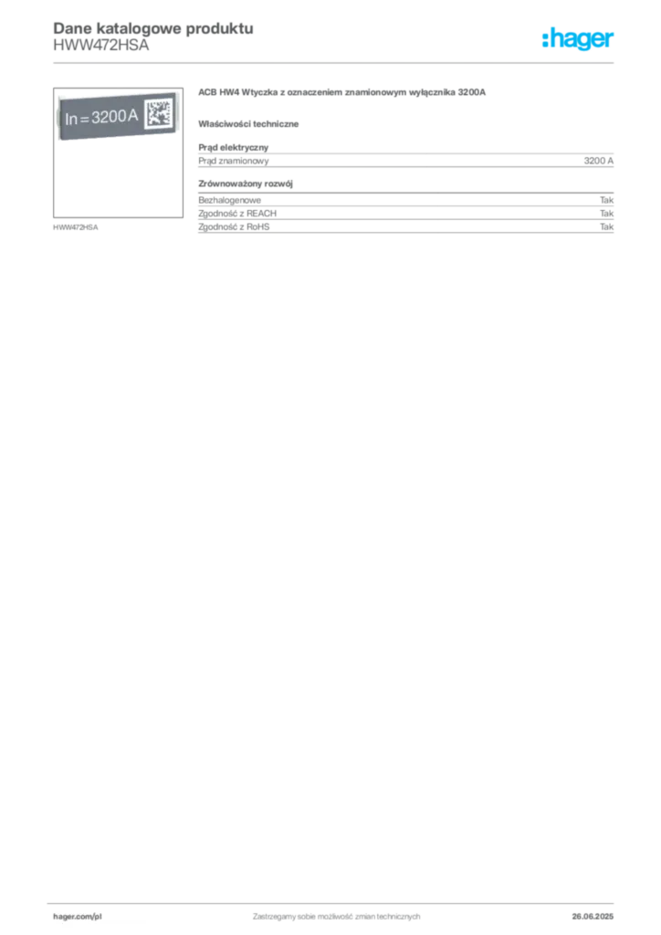Zdjęcie Hager Dane katalogowe produktu HWW472HSA | Hager Polska