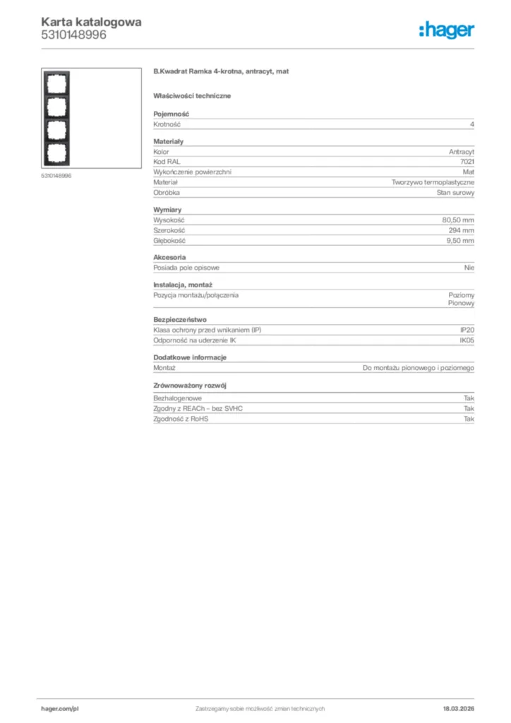 Zdjęcie Hager Karta katalogowa 5310148996 | Hager Polska
